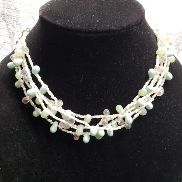 5 Layer Necklace Mint Green & Iridescent Clear Jellybean Shaped & Seed Beads - Picture 2 of 11